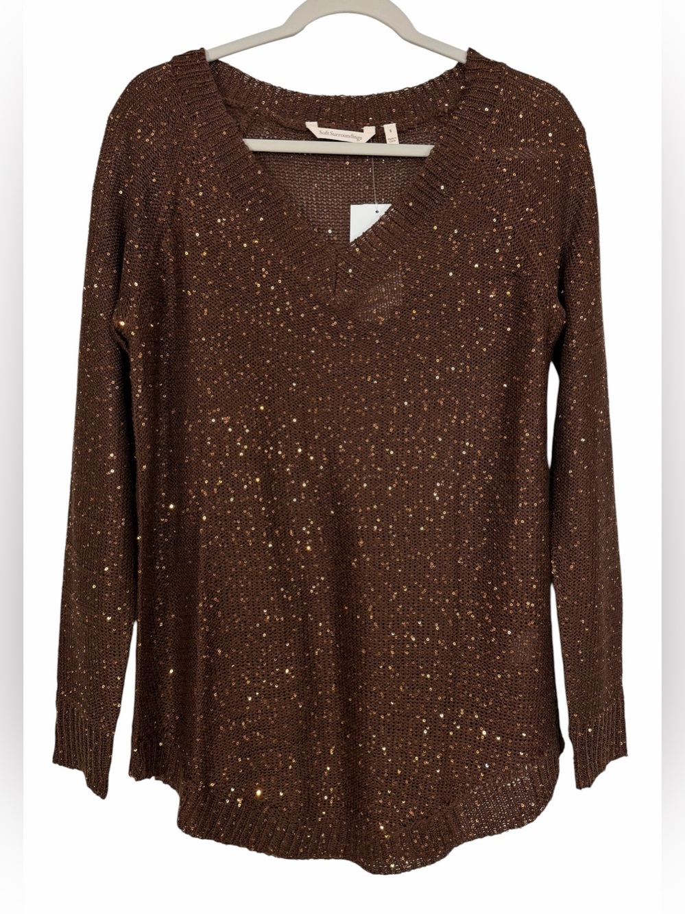 Soft Surroundings Brown Sequin Sweater Tunic Open Knit Holidays New Sz Small